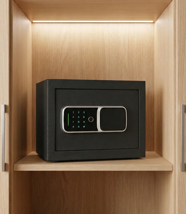 Cofre digital Yale preto com teclado numérico e leitor biométrico dentro de armário de madeira