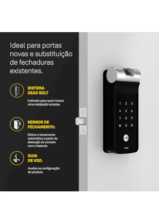 Fechadura Digital YDF 40A com APP, Biometria, Senha - Trinco Lingueta Tubular + Kit Conectividade